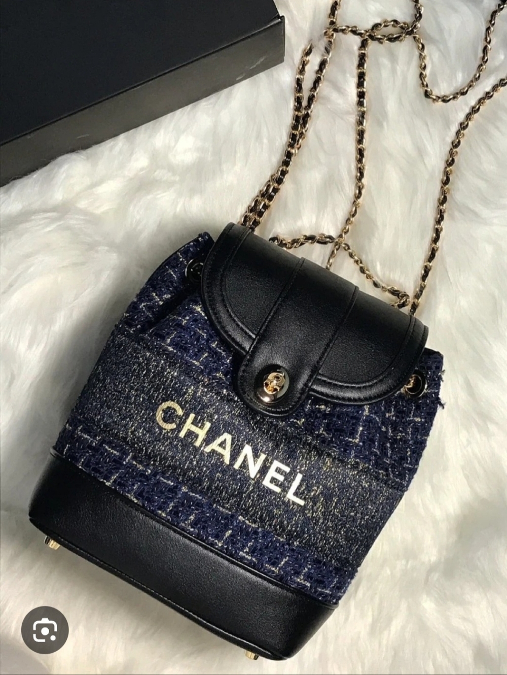 Navy Tweed & Black Leather Backpack with Gold Chain